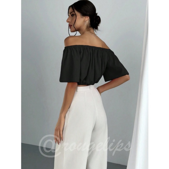 Black Cropped Off Shoulder Top Pleated Puff V-Bone - Picture 4 of 7